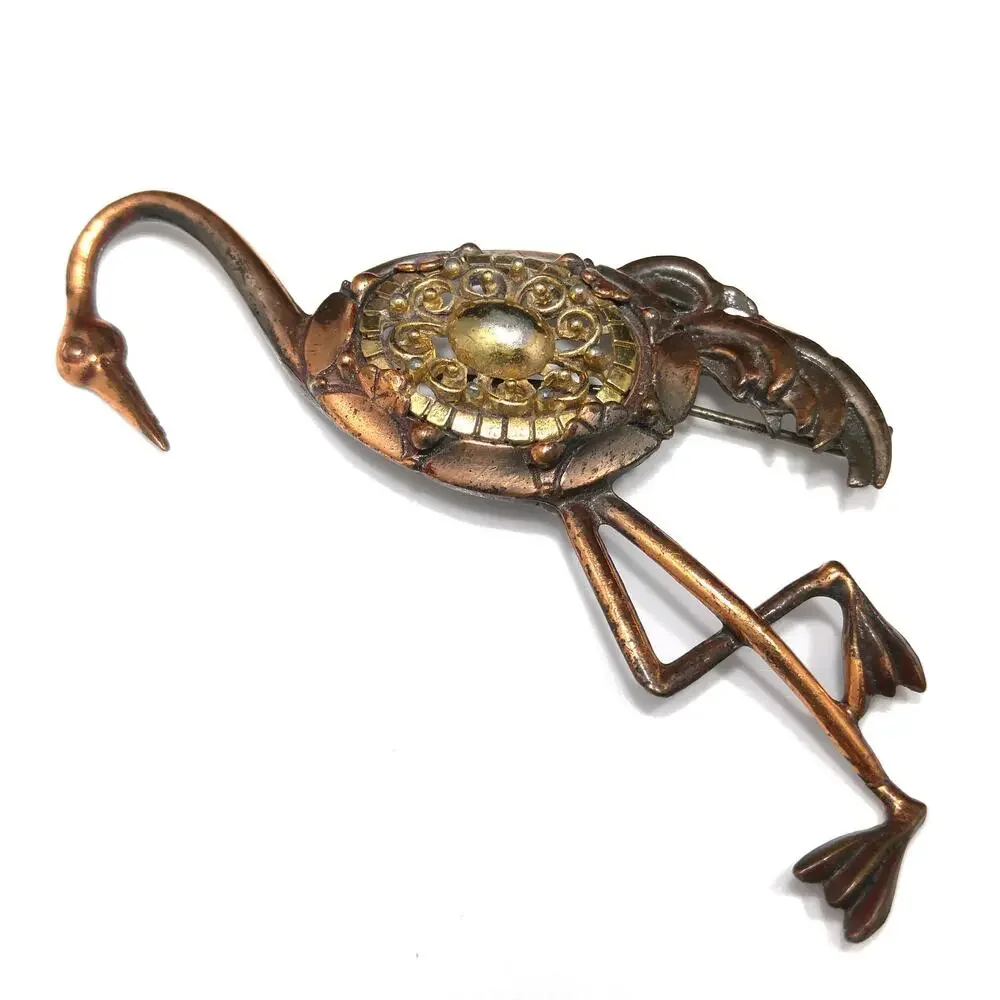 Vintage Tall Bird Brooch, Mixed Metals, 1930s 1940s